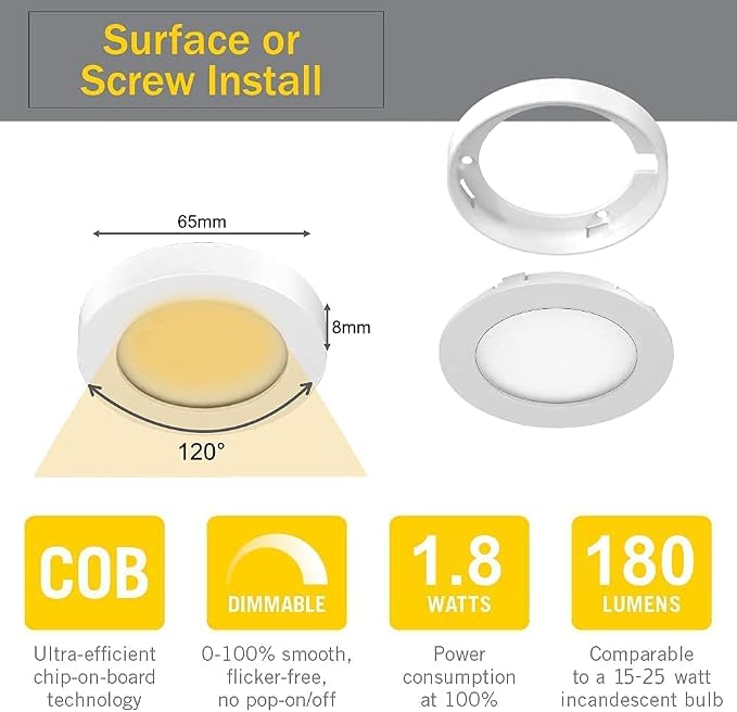 VST Under Cabinet Lighting Plug in with Wireless Touch Dimmer Switch, Recessed or Surface Mount Design, Warm White 3000K 12V 2W(12W Total, 60W Equivalent), 6 Pack Puck Lights Fixtures