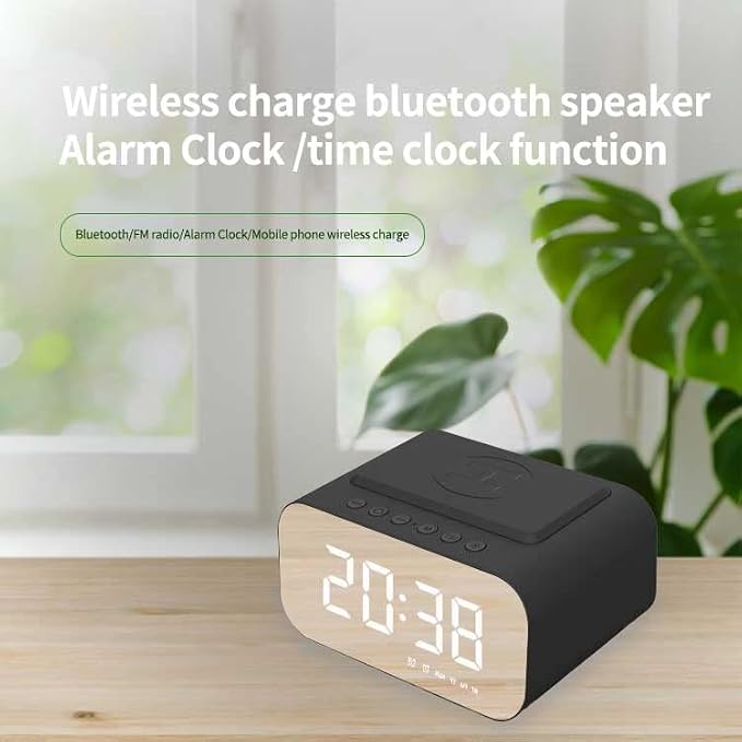 Wireless Charging Clock Radio with 15W Fast Charging, Bluetooth 5.1 Speaker, Dual 5W Stereo Sound, LED Display, AUX-in, and Payment Notification for Home & Office, BT510 White.