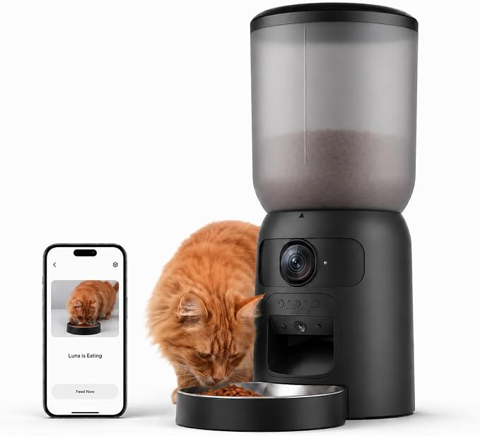 Automatic Cat Feeder with Camera, 2K WiFi Smart Pet Feeder with App Control, 6L Cat Food Dispenser, AI Pet Monitoring, Portion Control Automatic Pet Feeder for Cats & Dogs, Motion Tracking, Dual Power
