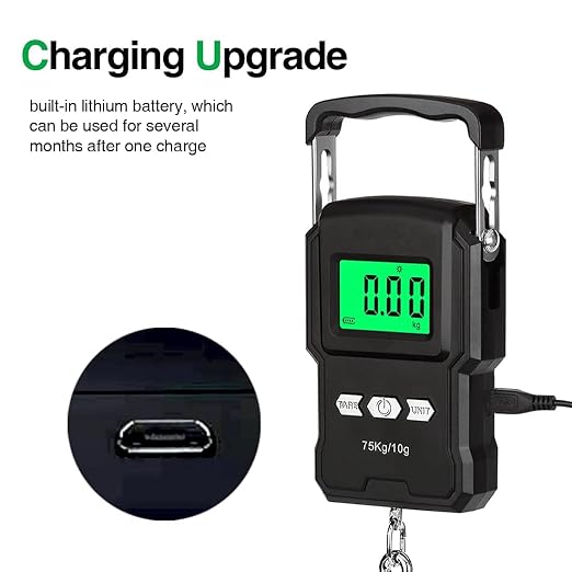Bonano Fishing Scale with Built-in Lithium Battery and Tape Measure, Micro-USB Interface, Backlit LCD Display 165lb/75kg Hanging Scale Digital Weight. Men's Fishing Gift and Luggage Scale for Travel.