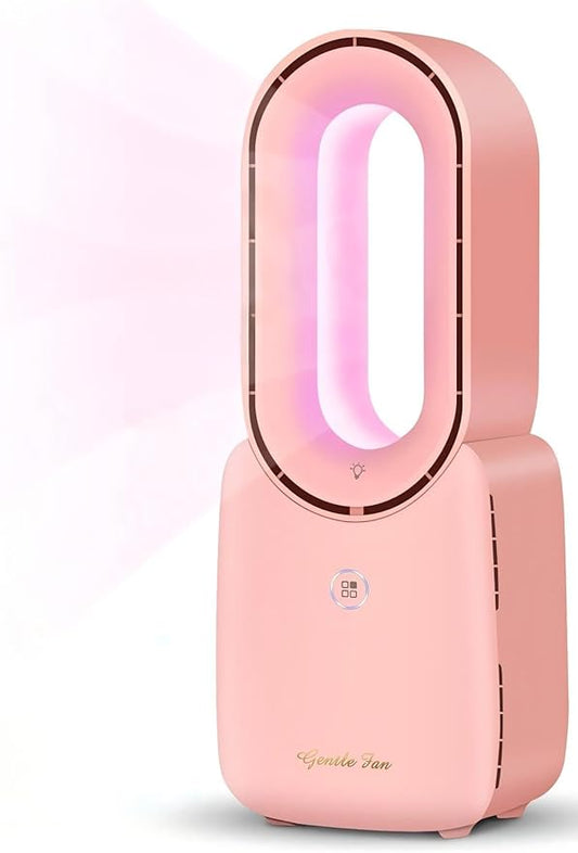 Misby 11.8 Inch Rechargeable Bladeless Desk Fan, Small Quiet Table Fan with 5-Color LED Light, Portable Personal Fan for Bedroom Home Office, Pink