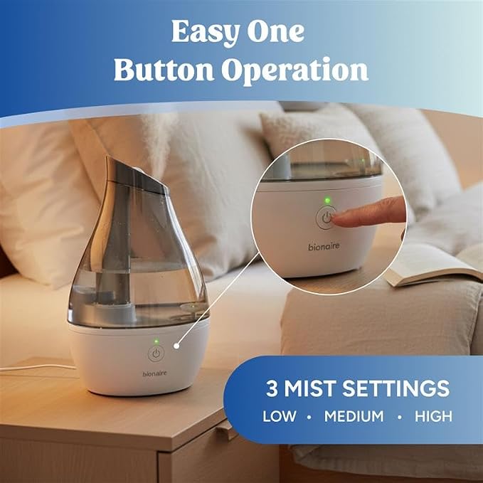 Official Bionaire - Ultrasonic Cool Mist Humidifier, Quiet Operation, Large 64 oz Tank, Easy One-Button Control, Ideal for Bedroom & Home, White