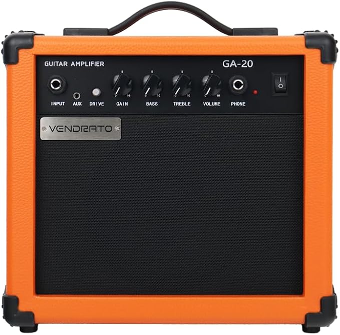 Electric Guitar Amplifier 20w amp Orange Color gain bass Treble 3.5mm aux in Drive 6.5mm Guitar Input Headphone Portable for Beginner Starter Practice Travel amp noiseless Cable Pick and Adapter in