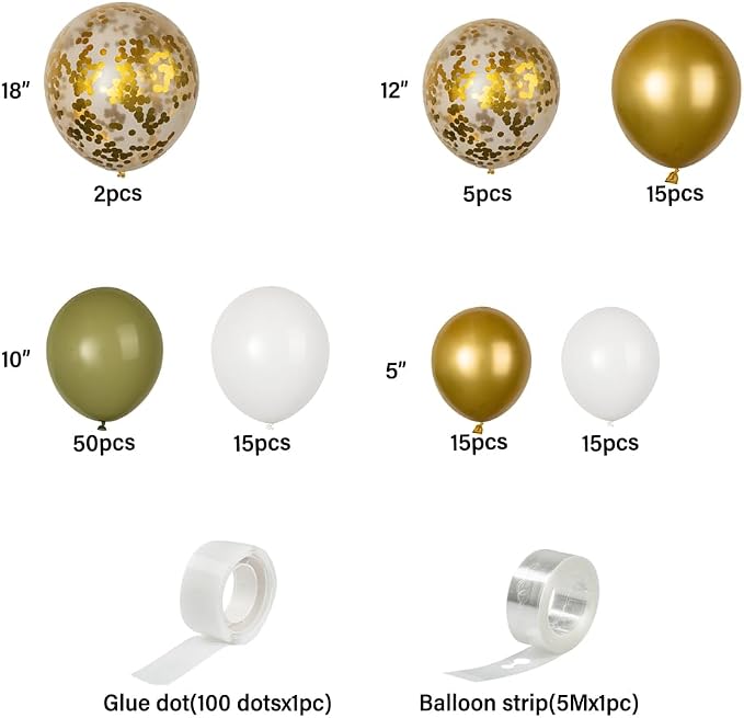 Restaurantware-Balloonify Balloon Garland Set, 1 Party Decoration Kit - 117 Balloons, With Chain, Green, White, & Gold Latex Balloon Arch Kit, Includes Glue Dots