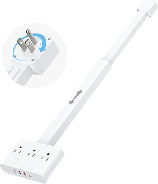 Electrical Outlet Extender Stick-360° Rotating Wall Outlet, Features 3 AC Outlets, 2 USB-A & 2 USB-C, Extends 16"-26", Extendable for Hard-to-Reach Outlets Behind Couches, Nightstands, Desks, and More