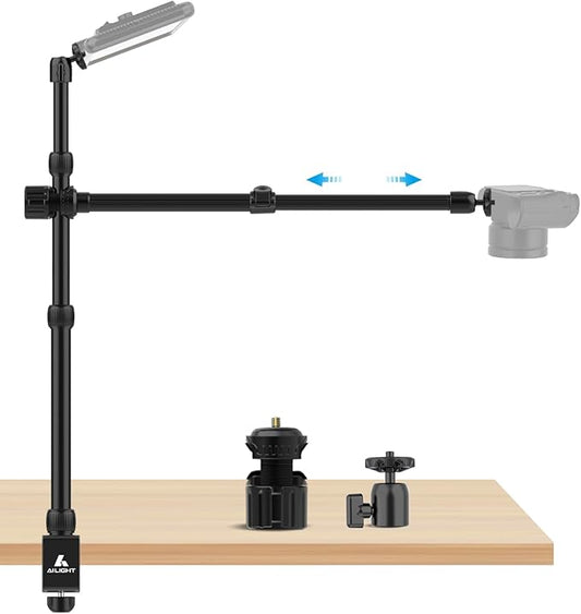 Ailight Overhead Camera Mount Desk Stand, 15.75"-33.45" Webcam Mount with 2-Section Adjustable Telescopic Boom Arm, C Clamp/Swiveling Ball Head for DSLR Camera, Ring Light, Webcam