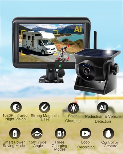 Magnetic Solar Wireless Backup Camera and Metal Plate: AI Pedestrian & Vehicle Detection, 1-Min Install, No Wiring/Drilling, Gesture Control,Rechargeable Battery, Night Vision