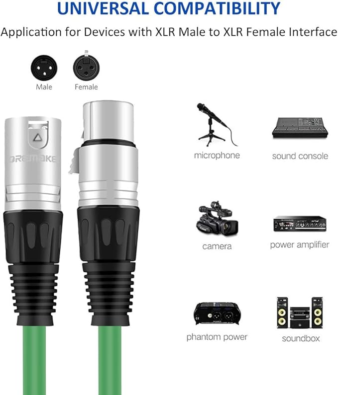 DREMAKE XLR Male to XLR Female Microphone Balanced Snake Cord - 25' Green Balanced Mic Patch Cord for PA System, Amplifier, Recording