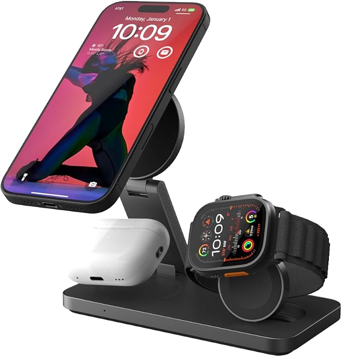 POUT Hands 7 PRO 3-in-1 Foldable Qi2 15W Wireless Charging Stand, Adjustable Angles, Compatible with MagSafe, for iPhone 17–12 Series, AirPods Pro/4/3, Apple Watch Ultra/SE/Series – Graphite Black
