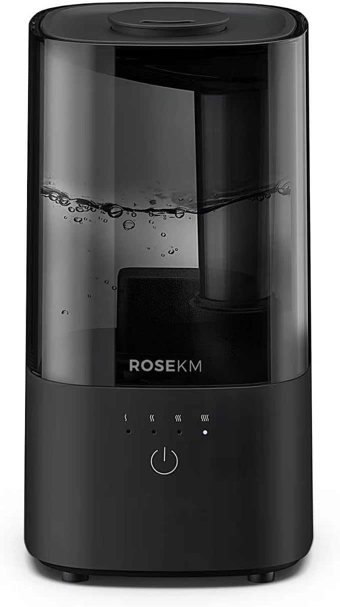 ROSEKM Humidifiers for Bedroom (1.1L), Small Cool Mist Humidifier for Home Plant and Baby Nursery, Quiet Ultrasonic Humidifier with 360° Nozzle, Auto Shut-Off, Filterless, Black