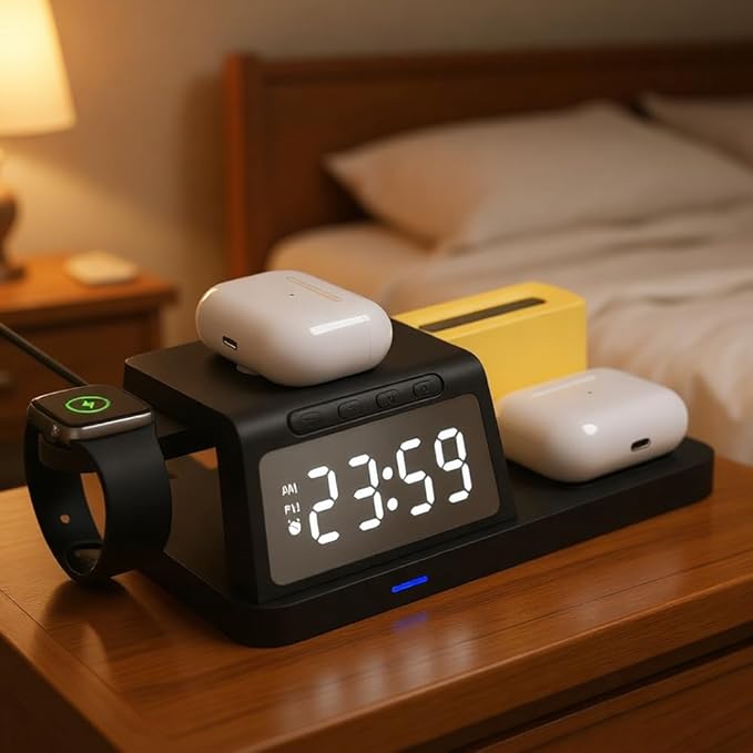 IHAO 6in1Digital Alarm Clock with Wireless Charging Station Night Light 15W Fast Charging for Qi Phone Headphone Bracket for iWatch Charger LED Display Dimmable Brightness-HT309 Black