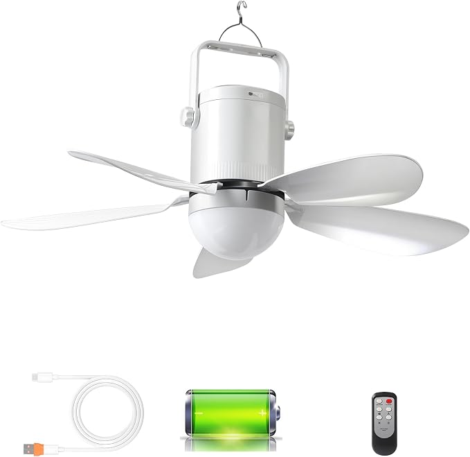 HZZ 16.5'' Ceiling Fan with Light, 10800mAh Rechargeable Battery, USB-C Fast Charge, DC Brushless Quiet Fan, RF Remote, 3 Installation Modes, for Gazebo, Patio, Camping Tent, Garage, RV, Emergency Use