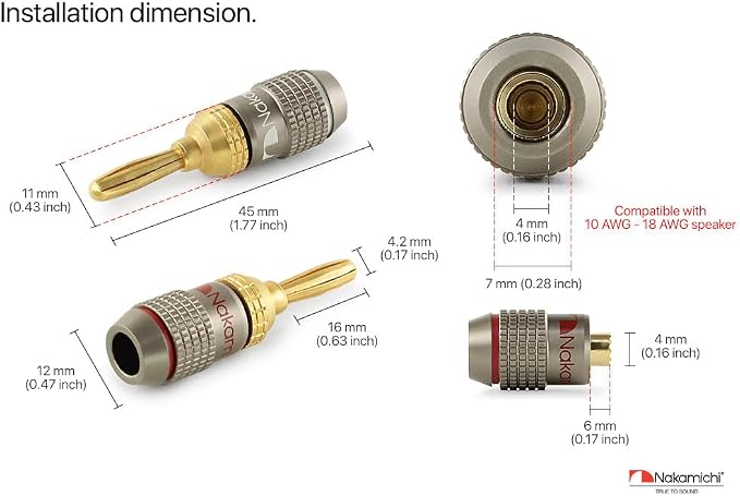 Nakamichi FanLock Excel Series 24k Gold Plated Banana Plugs 10 AWG - 18 AWG Gauge Size 4mm for Speakers Amplifier Hi-Fi Stereo Home Theatre Radio Audio Wire Cable Quick Connector 2 Pcs (1-Pair)