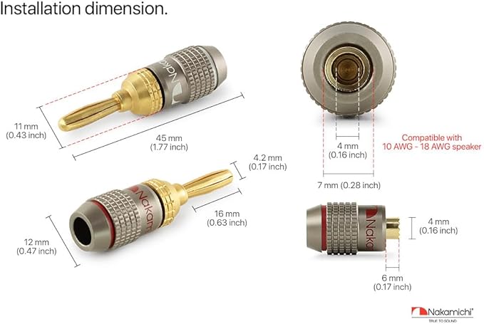 Nakamichi FanLock Excel Series 24k Gold Plated Banana Plugs 10 AWG - 18 AWG Gauge Size 4mm for Speakers Amplifier Hi-Fi Stereo Home Theatre Radio Audio Wire Cable Quick Connector, 16 Pcs (8-Pairs)