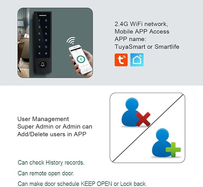 WiFi Remote Manage IP66 Watreproof Access Control Keypad 600lbs Electric Magnetic Lock110-240V Power Supply Box(Support Backup Battery) Smart Phone App Remote ADD/Delete User