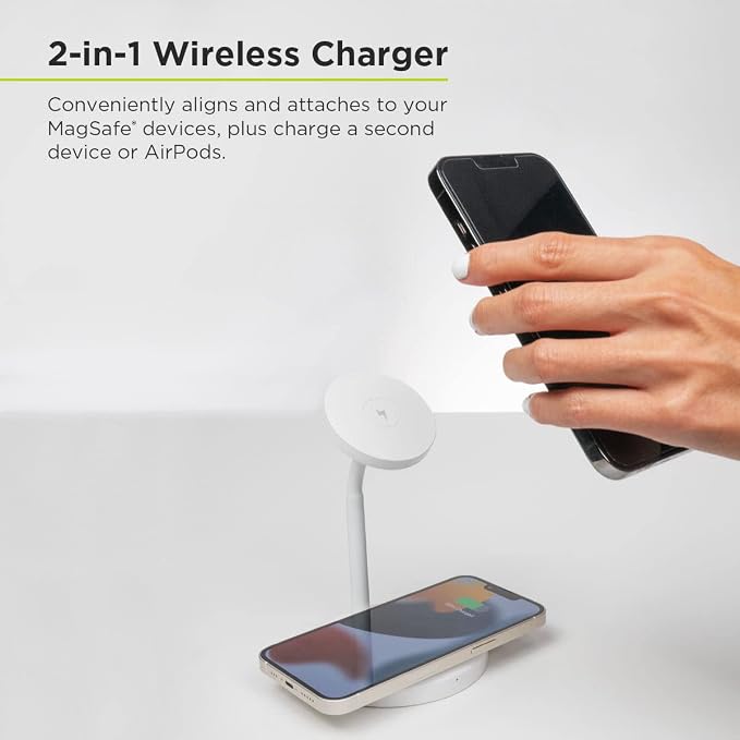 PureGear Duo Magnetic 2-in-1 Wireless Charging Stand, Qi2 Certified 20W 2-in-1 Charging Station, Desk Accessory, Fast Wireless Charging, for iPhone 17/16/15/14/13/12, AirPods, White