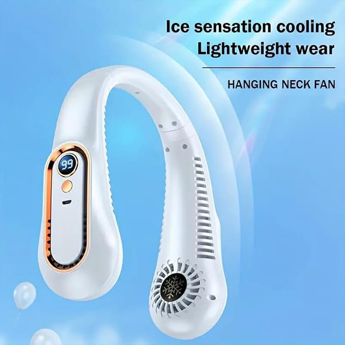 2500mAh portable neck fan, rechargeable USB portable cold fan with 5-speed wind speed and digital display, no blade design (Blue 1200mAh)