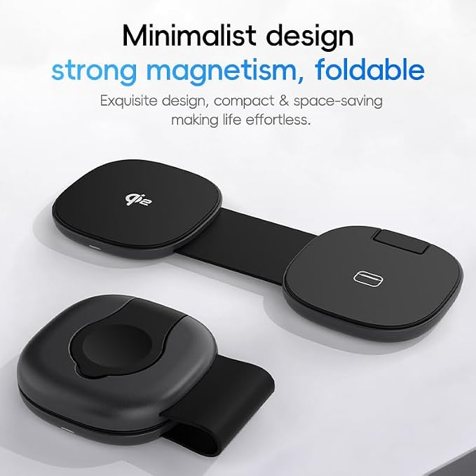 3-in-1 Foldable Magnetic Wireless Charging Station for iPhone 16/15/14/13/12, Apple Watch & AirPods - Slim Portable Multi-Device Charger (Black)