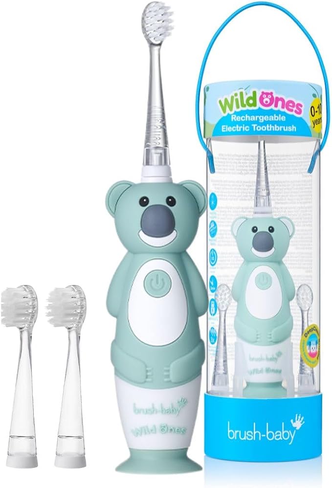 BrushBaby - WildOnes - Kids Rechargeable Electric Toothbrush, Ages 0-10 - Koala Design with Flashing Lights - DeepClean Bristles for Superior Cleaning - 2 Replacement Brush Heads, 1 USB Cable