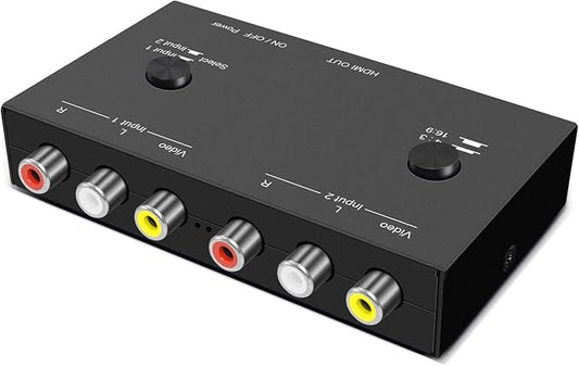 2 AV to HDMI, 1080P/720P 2 Way RCA Composite CVBS AV Switch to HDMI Video Audio Converter Adapter Support 4:3/16:9 Switching, for Sega Xbox PS2 PS3 N64 NGC SNES WII VHS VCR Camera DVD