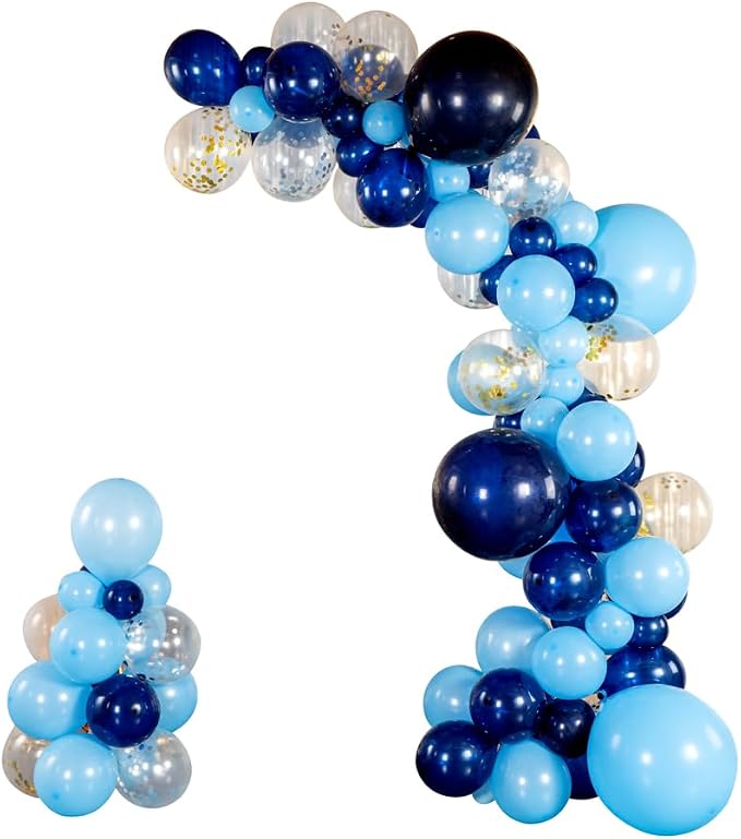 Restaurantware Balloon Arch Kit 104 Balloons, Strip, Glue Dot Balloon Decoration Set DIY Navy and Sky Blue Bottle Garland Assorted Colors for Party Decorations