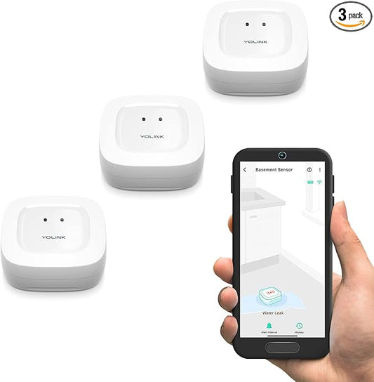 YoLink Water Leak Sensor 3-Pack, LoRa Up to 1/4 Mile Open-Air Range Smart Water Leak & Flood Detector, SMS/Text, Email & Push Notifications, w/Alexa, IFTTT, Home Assistant - YoLink Hub Required