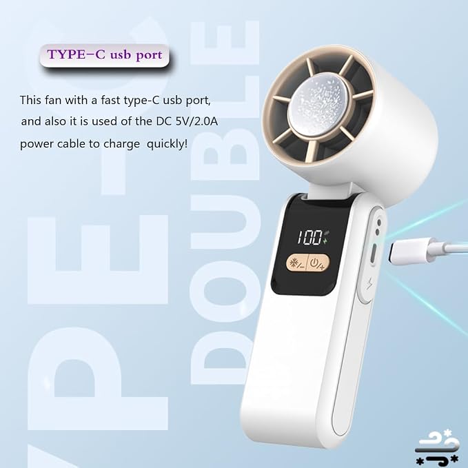 Portable and Foldable 3 in 1 mini ICE-Cooling high speed Turbo fan, 9W Led digital display of 1~199 levels wind speed and power,Brushless motor, Rechargeable dual colors housing(Grey and Purple)