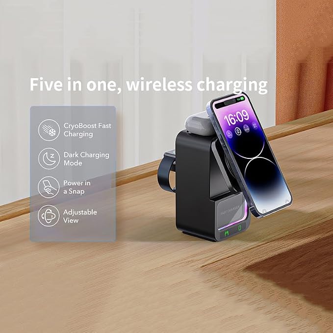 4 in 1 Magnetic Wireless Charging Station, Foldable Wireless Charger Stand with Bluetooth Speaker for iPhone 16 15 14 13 Series for AirPods 3/2/Pro for Apple Watch Ultra/SE/9/8/7/6/5/4/3/2/1 (Black)