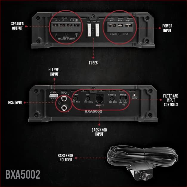 Belva BXA5002 500W Peak BX-Series 2-Ohm Stable Class-A/B 2-Channel Car Audio MOSFET Amplifier with Remote Subwoofer Level Control