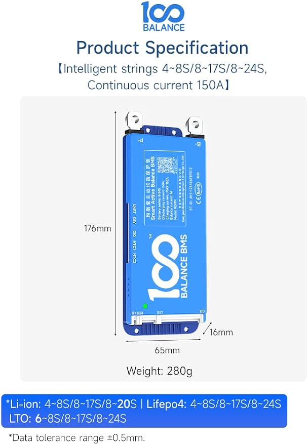 100BALANCE BMS 150A Active Balance 1A 4S-8S Build in Bluetooth Cell Balancing Smart PCB Battery Protection Board for Li-ion/Lifpo4/LTO Lithium Battery Pack