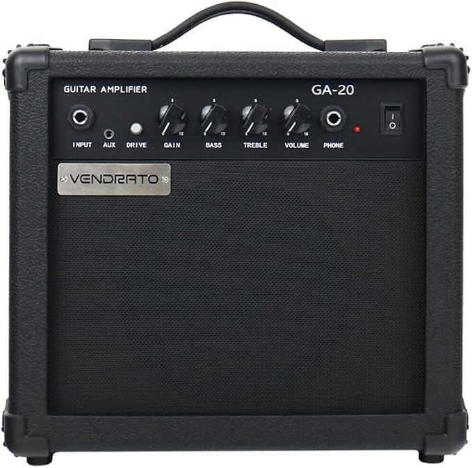 Electric Guitar Amplifier 20w amp Black Color gain bass Treble 3.5mm aux in Drive 6.5mm Guitar Input Headphone Portable for Beginner Starter Practice Travel amp noiseless Cable Pick and Adapter in
