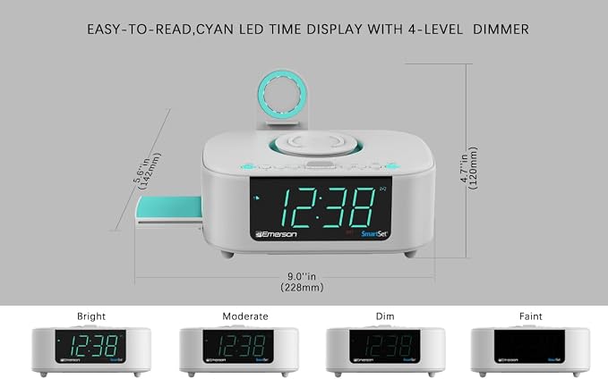 Emerson CKSW5010 Smartset Wireless Charging, Dual Alarm FM Clock, Bluetooth Radio/Speaker, 15W for Ultra-Fast Charging, 3W Retractable Port for Air Pods, White