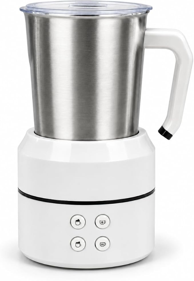 Electric Milk Frother 8.5oz, 4-in-1 Automatic Milk Steamer for Coffee, Latte, Cappuccino, Detachable Stainless Steel Cup, Dishwasher Safe, Magnetic Whisk, Precise Spout for Latte Art, (White)