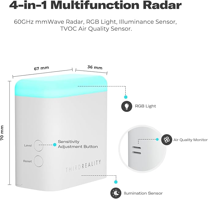 THIRDREALITY Smart Presence Sensor R3, 60GHz mmWave Radar, USB-C Powered, RGB Light with Status Indication, Illumination Sensor, Zigbee Repeater, Compatible with Home Assistant(ZHA&Z2M), SmartThings