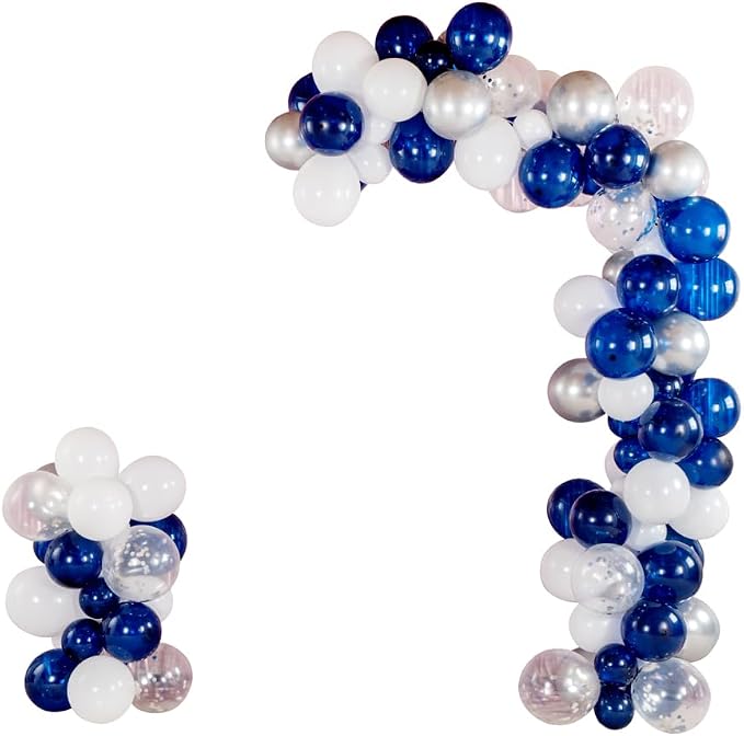 Restaurantware-Balloonify Balloon Garland Set, 1 Party Decoration Kit - 120 Balloons, With Chain, Navy, White, & Silver Latex Balloon Arch Kit, Includes Glue Dots