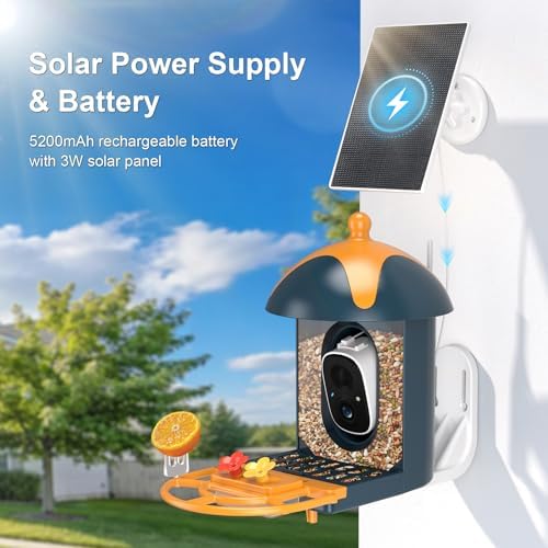 Smart Bird Feeder with Camera Outdoor Birdhouse: AI Identifies 11000+ Species, 2K HD with Arrival Alerts, Attracts Hummingbirds, Solar Powered