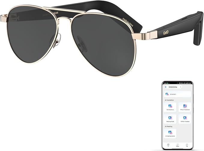 GetD AI Smart Glasses for Men Women with Classic Aviator, Nylon Polarized Bluetooth Sunglasses, Smart Sunglasses with ChatGPT AI Translation with for 145 Languages