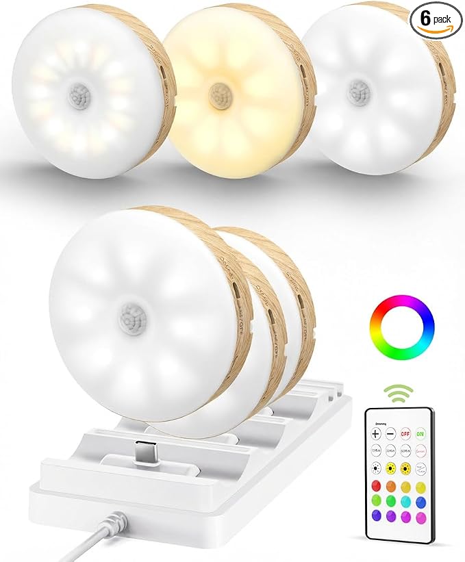 EZVALO Under Cabinet Lighting with Charging Station, 1000mAh Rechargeable Puck Lights with Remote, 3 Color Temps & 12 RGB Closet Lights, Dimmable Motion Sensor Lights for Shelf, Kitchen (6 Packs)