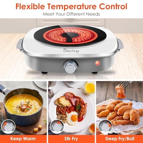 Davivy Single Burner Electric Hot Plate, 1200W Portable Cooktop with Scratch-Resistant Ceramic Glass, Lightweight 3.1lbs with Handle for Easy Carry – Ideal for Travel, Dorms, and Home Kitchen