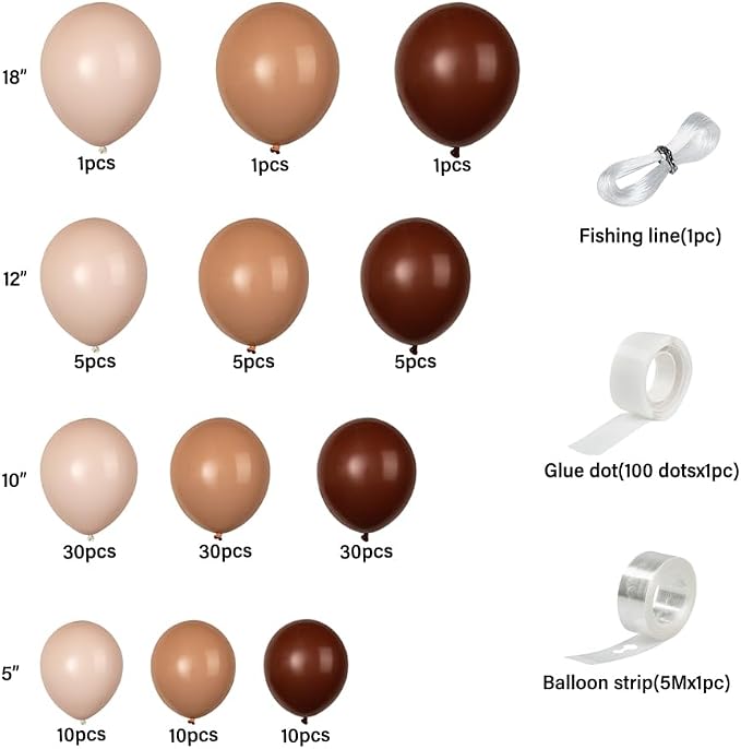 Restaurantware-Balloonify Balloon Garland Set, 1 Party Decoration Kit - 138 Pcs, With Chain, Brown, Beige, & White Latex Balloon Arch Kit, Includes Glue Dots, And Fishing Line