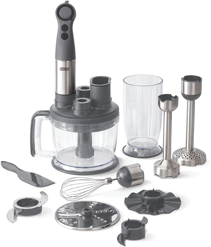Dash Chef Series Deluxe Immersion Hand Blender Set, 5 Speed, 330W with Food Processor, Whisk, Masher & Dough Hook Attachments, Stainless Steel Blades for Soups, Sauces, Smoothies & Purées - Cool Grey