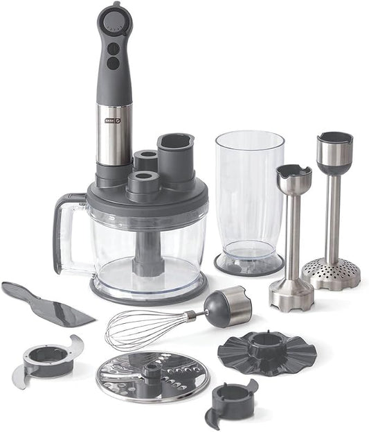 Dash Chef Series Deluxe Immersion Hand Blender Set, 5 Speed, 330W with Food Processor, Whisk, Masher & Dough Hook Attachments, Stainless Steel Blades for Soups, Sauces, Smoothies & Purées - Cool Grey