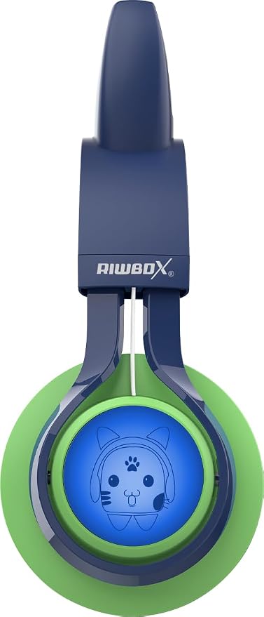Riwbox Kids Headphones, CT-7S Cat Ear Bluetooth Headphones with LED Light, 85dB Volume Limiting, Over Ear with Microphone for Laptop/PC/TV (Green&Navy Blue)
