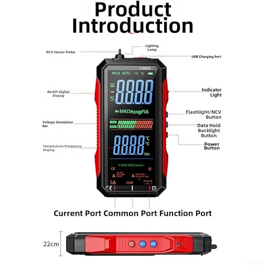 FS899S Digital Multimeter Tester, USB Rechargeable Smart Auto Ranging Multimeter, Measure AC/DC Current/Voltage, Capacity, Continuity, Resistance, Frequency, Non-Contact Voltage (NCV)(FS899S)