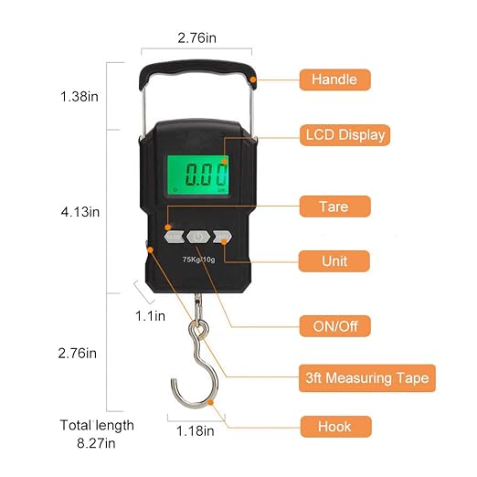 Portable Electronic Hook Scale Digital Hanging Bag Luggage Weight Scale Fishing Scale with Measuring Tape 165Lb Black