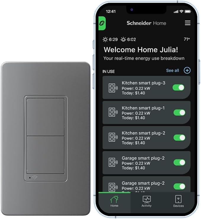 Square D by Schneider Electric X Series 15 Amp WiFi Energy Monitoring Light Switch, Single-Pole/3-way, 600 Watt, Rocker, Matter Certified, Works with Alexa, Google Home, Apple Home, Matte Grey