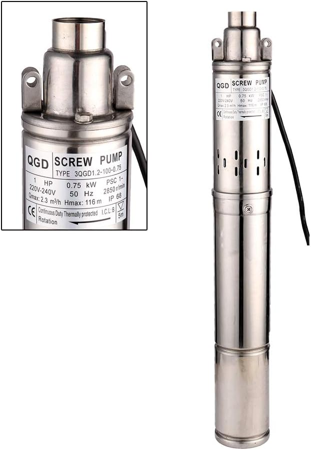 1HP 3" OD Pipe Stainless Steel Submersible Deep Well Pump 328FT 1" Outlet 0.75KW 80mm Bore Screw Water Pumps for Industrial and Home Garden Use,220V/50Hz