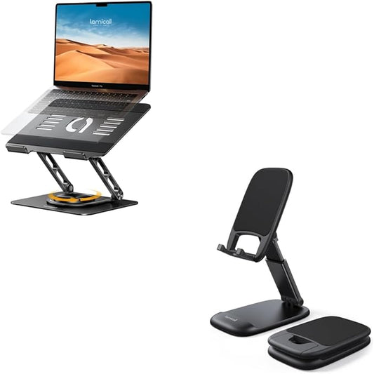 Lamicall Laptop Stand for Desk with 360 Rotating Base + Foldable Phone Stand for Desk