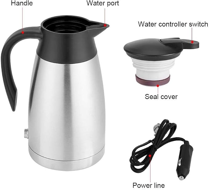 Travel Kettle, Car Electric Kettle Car Kettle 12V 1000ml Stainless Steel Car Electric Heating Kettle Portable Travel Car Car Kettle Heating Cup for Tea Coffee Making, Fast Heating Speed