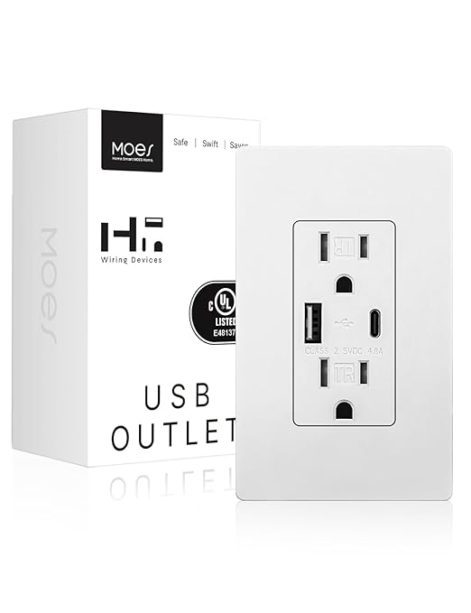 MOES USB Outlets(UL Certified), Type-C & USB-A Ports, 5VDC 4.8A Fast Charging 24W, Tamper-Resistant, Standard US Wall Box Compatible, Screwless Wall Plate Included, 15Amp White 1 Pack